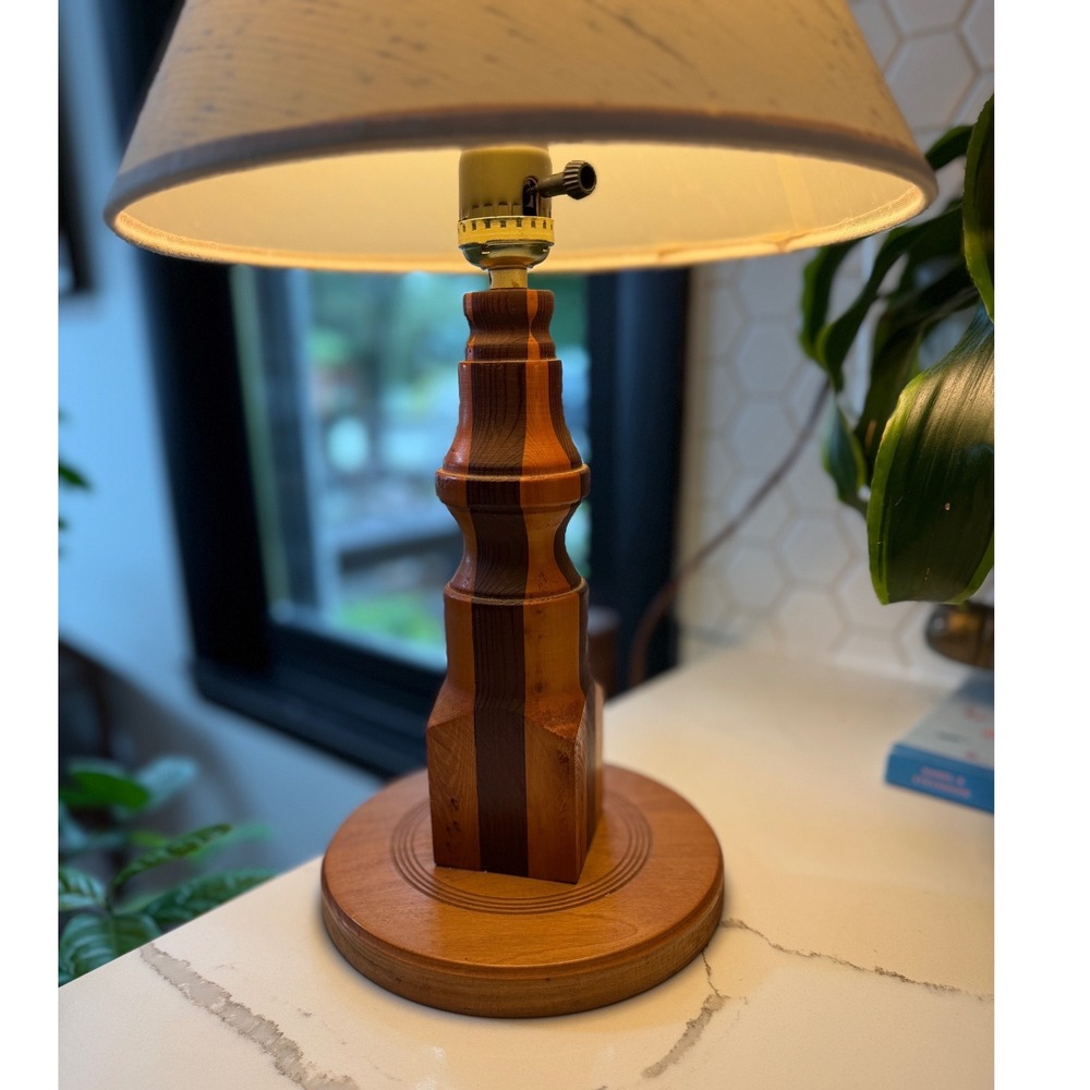 Vintage 1950s Turned Wood Parquetry Table Lamp Mid Century Modern MCM